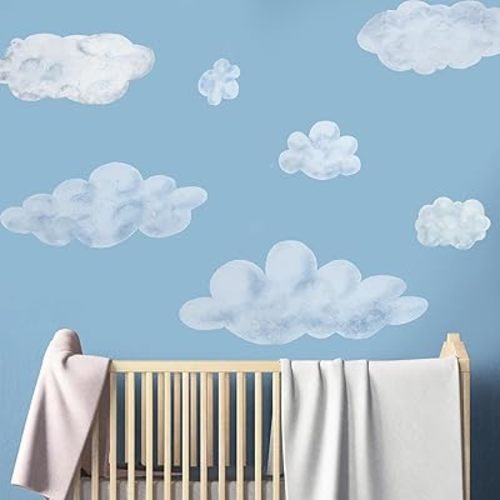 Large Cloud Wall Decals,Set of 7 Fluffy Clouds Blue and White,Perfect for Nursery,Kids Room,Playroom,Ceilings and Furniture