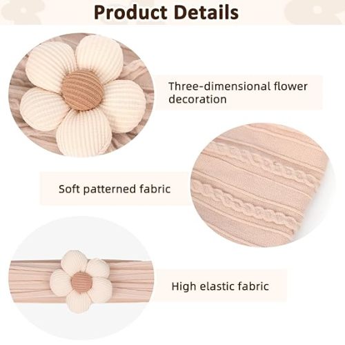 3 Pcs Baby Flower Headbands Baby Girls Nylon Headband Soft Hairbands Hair Accessories for Newborn Infant Toddler Kids (Beige Pink Khaki)