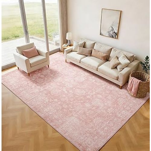 FROZZUR Boho Pink Area Rug 8x10 Large Vintage Rug for Living Room Bedroom Dining Table, Non Slip Distressed Washable Rugs for Home Office Decor Pink