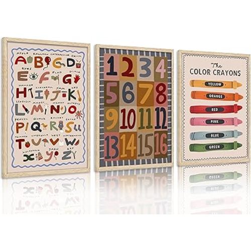 VZKRHPGA 3Pcs Baby Boy Nursery Wall Art Colorful Crayon Letters And Numbers Painting Picture Wall Decor Bohemian Style Nursery Poster Print Artwork for Kids Boys Room Bedroom Decorate, Unframed