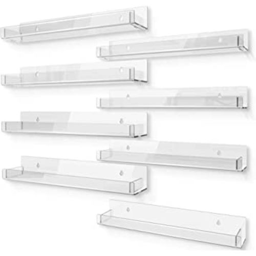 8 Pack 15 Inch Clear Acrylic Shelves, Clear Kids Floating Bookshelf for Kids Room, Modern Nail Polish Rack Sunglasses Essential Oil Picture Ledge Display Toy Storage Wall Shelf