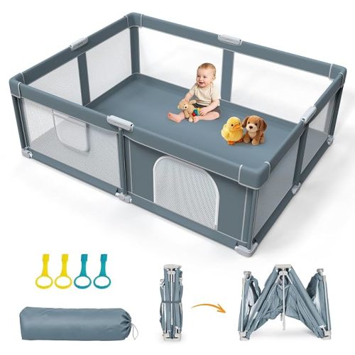 Foldable Baby Playpen - 50"×50" Collapsible Play Pen for Babies and Toddlers - Indoor Outdoor Play Pen with 4 Handles - Folding Baby Playpen with Carry Bag Portable Travel Play Yard