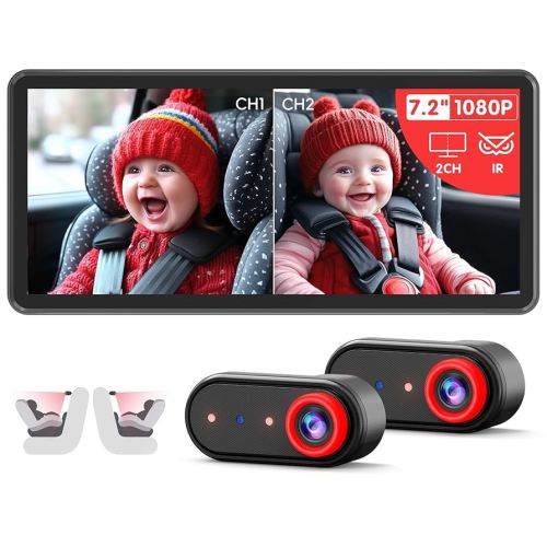 BM5PRO Double Car Camera for 2 Baby，7.2" 1080P Split Screen with IR Night Vision, Real-Time Monitoring Baby Car Camera,Easy Install, Family Travel Companion for Kids & Pets