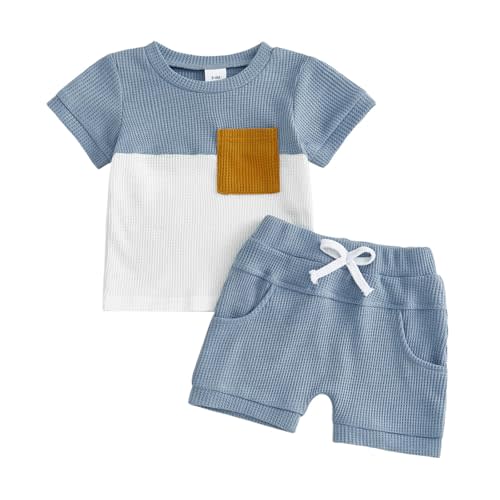 Toddler Baby Boy Summer Clothes Waffle Contrast Short Sleeve T-shirts Top Solid Shorts 2Pcs Outfit 6 12 18 24 Month