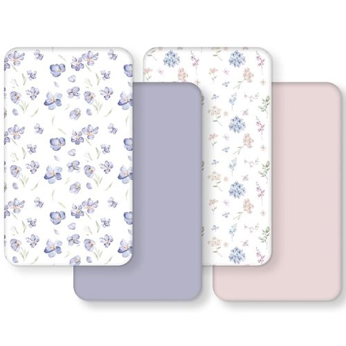 Baby Crib Sheets Girl, Toddler Bed Sheets Fitted for 52”x28”Standard Crib and Toddler Mattresses, 4 Pack Soft Breathable Stretchy Pink Purple Floral