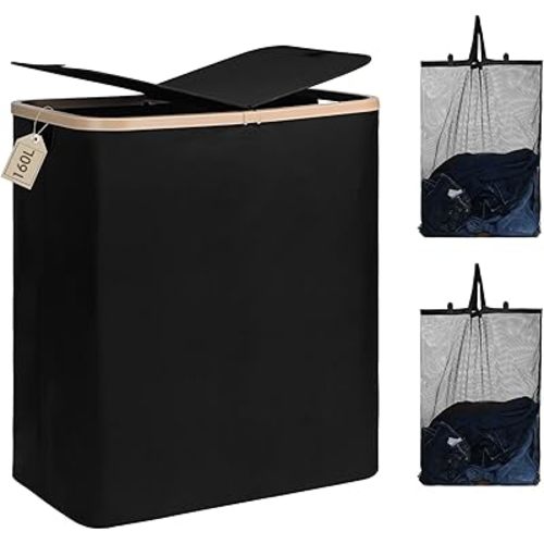 DOKEHOM 160L Double Laundry Basket with Removable Lid and Laundry Bags, Large Collapsible Laundry Hamper with 2 Sections (Black)