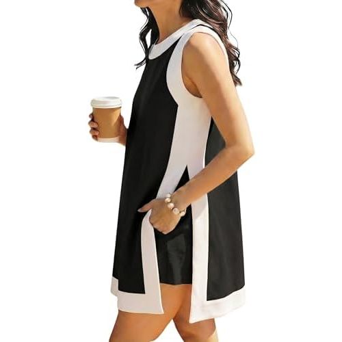 Hooever Women's 2 Piece Sets Casual Color Block Crewneck Short Sleeve Pullover Tops Matching Shorts with Pockets