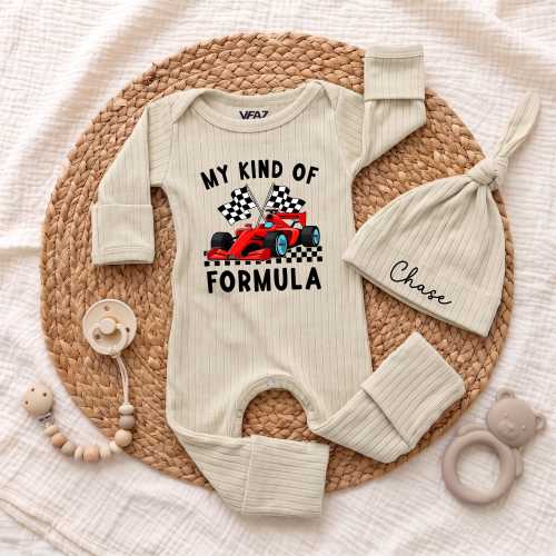 Personalized My Kind of Formula Race Car Baby Boys Bodysuit and Hat Set, Checkered Flag Racing Newborn Outfit, Funny Baby Shower Gift