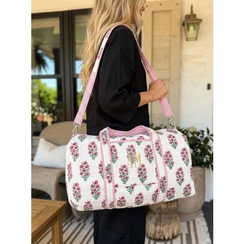 Embroidered Quilted Tote Bag, Monogrammed Duffle Bag Floral, Bridesmaid Gift, Bridal Party Bag, Overnight Bag with Zipper