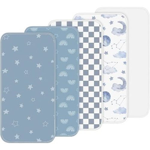 Hahafelt 5 Pcs 100% Cotton Waterproof Changing Pad Liners, 27.5 x 14 Inches Washable Changing Pad Liners Muslin Change Mat Checkerboard Change Pads Covers for Baby(Blue Pattern)