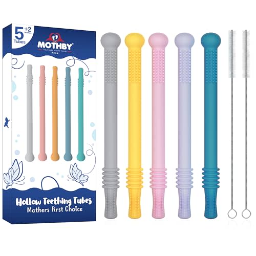 Teething Straws for Babies of 3-12 Months - 5 Pcs Teething Tubes 6.3 Inches Long & 2 Pcs of Cleaning Brushes – Secondary Vulcanized Food Grade Silicone - Refrigerator & Dishwasher Safe