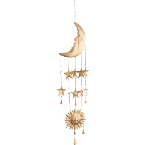 Deco 79 Metal Sun and Moon Windchime with Glass Beads and Cone Bells, 9" x 1" x 39", Gold