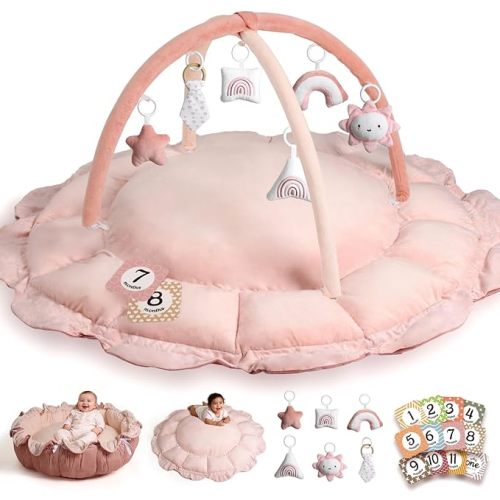 Little Dove 5-in-1 Plush Baby Play Gym, Tummy Time Mat with 6 Sensory Toys, Baby Play Mats, Convertible Baby Gym for Sensory Development from Newborn to Toddler, Pink