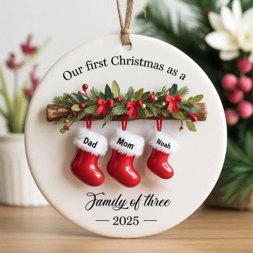 Personalized Family of Three Ceramic Christmas Ornament 2025, Custom New Family Ornament, Baby's First Christmas Ornament