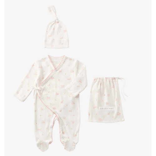 Pink Swan Print Organic Cotton Pointelle Layette 2 Pc Gift Set