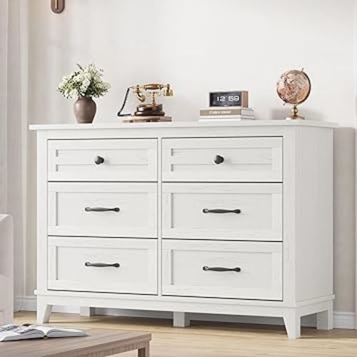 GarveeHome 6 Dresser for Bedroom, 47 in Wide Drawer Dresser with Storage Freestanding, Wooden Closet Storage Chest for Living Room, Bedroom, Entryway, White
