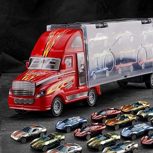 BoomCaCa Toy Truck Transport Car Carrier - 18 Sport Cars in Truck Toys, Toys for Boys and Girls Age 3-10 yrs Old, Ideal Party Christmas Birthday Gift for Kids