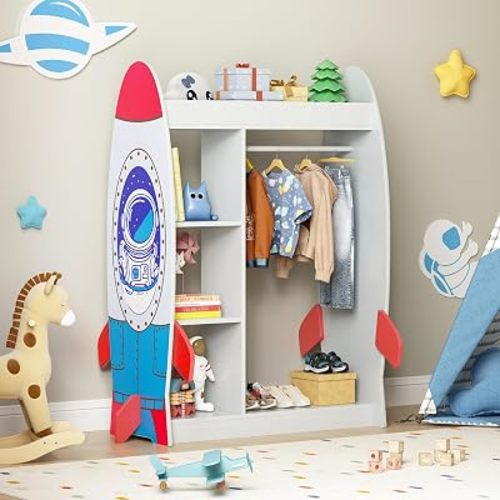 BVIUNTWO Rocket-Themed Kids Dress Up Storage with Mirror, Wooden Costume Organizer for Boys, Toddler Closet Organizers and Storage Armoire with Hanging Rod, Open Clothes Rack for Playroom & Bedroom