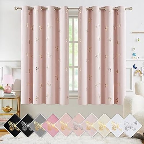 Jubilantex Metallic Butterfly Blackout Curtains 54" Long for Small Window Pink and Gold Print Butterfly Curtains Energy Saving Grommet Top for Bedroom Girls Room,52 W