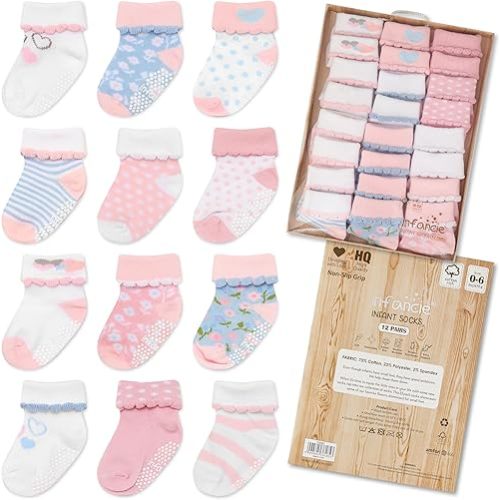 Baby Socks 12 Pairs - Non-Slip Infant Grip for Newborns & Toddlers 0-6 Months, Boys & Girls, Safe for Walking