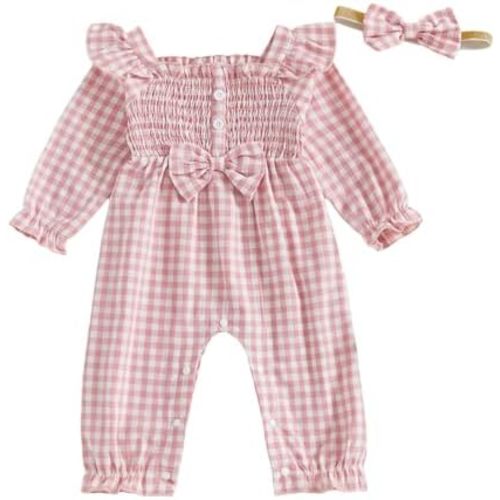 Amnnchya Newborn Infant Baby Girl Clothes Smocked Fly Sleeve Ruffle Bow Romper Plaid Jumpsuit One Piece Fall Winter Outfits