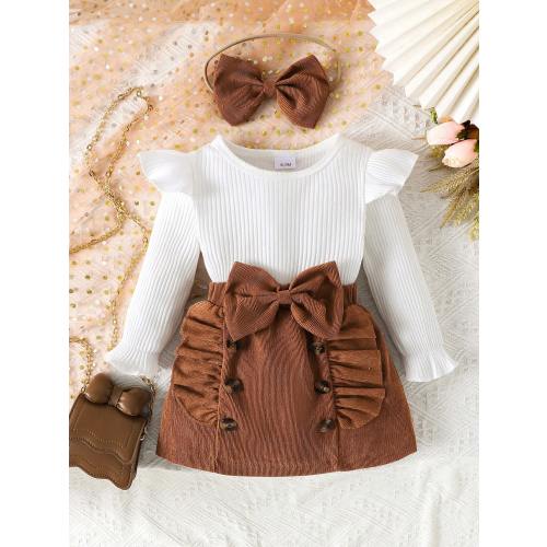 3pcs Baby Girls Set: Solid Color Ruffle Sleeve Top, Bow Decor Skirt, Hair Scrunchie