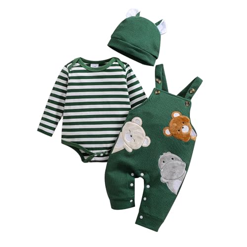FOCICI Baby Boy Clothes Newborn Striped Romper Fall Outfits + Infant Cartoon Suspender Overall + Cute Hat 3 Pcs 0-18 Months