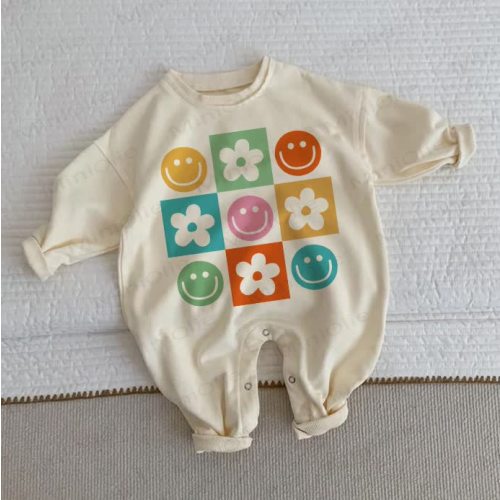 Baby Colorful Flower & Smiley Face Beige Romper