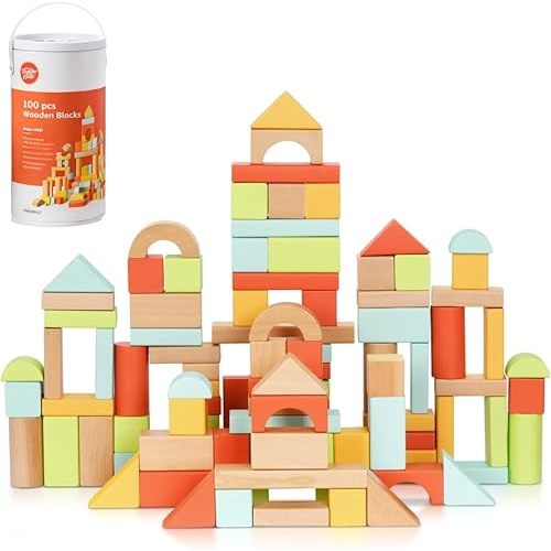 Pidoko Kids 100pcs Building Blocks for Toddlers 1-3, Wooden Blocks for Kids with Storage Bucket and Shape Sorter Lid Montessori Toys for 1 2 3 Year Old, Learning Toys for Preschool Girls and Boys