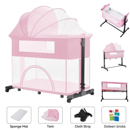 Portable Baby Bassinet Bedside Sleeper Bassinet & Baby Playpen for Newborn to Toddler with Building Blocks,Mosquito Net,Height Adjustable, Unisex,Pink