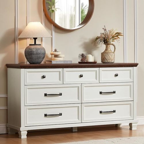 Farmhouse 7 Drawer Dresser for Bedroom, White | 54” Wide Horizontal Dressers & Chests of Drawers with Reinforced Top & Square Wooden Legs