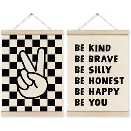 HRQKO Boys Room Wall Decor Poster Hanger Frame Set of 2, Positive Affirmations Decor with Wooden Frames, Black Checked Peace Sign Banner Wall Hanging Decor for Boy Nursery Kids Playroom, 12x16 Inch