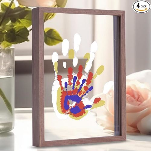 Family Handprint Kit, DIY Craft Keepsake Wooden Frame, Endless Gift Set, Non-Toxic Paints, Transparent Sheets (Brown)