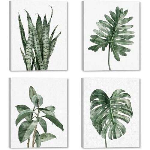 Botanical Green Plant Wall Art, Set Of 4 Bathroom Wall Decor, Tropical Monstera Leaves Framed Canvas Prints For Bedroom Livingroom Restroom Decoration Pictures 10x12''