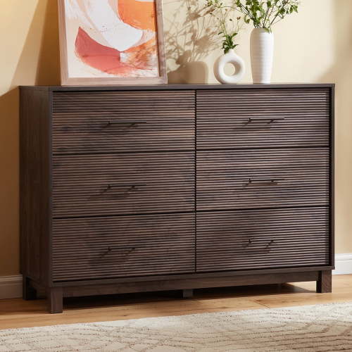 CHITOOMA 6 Drawer Fluted Dresser for Bedroom, Modern Wooden Long Dresser, Storage Cabine Chest of Drawers for Living Room Hallway, Walnut