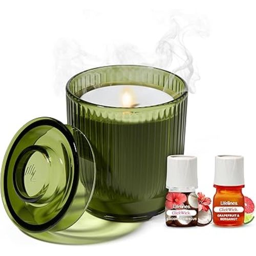 Lifelines Flameless Candle Aromatherapy Essential Oil Diffuser with 2 ClickWick Essential Oil Blends - Cordless & Waterless Diffuser for Home - Scented Electric Candles Blow Out Flame - Olive Jar
