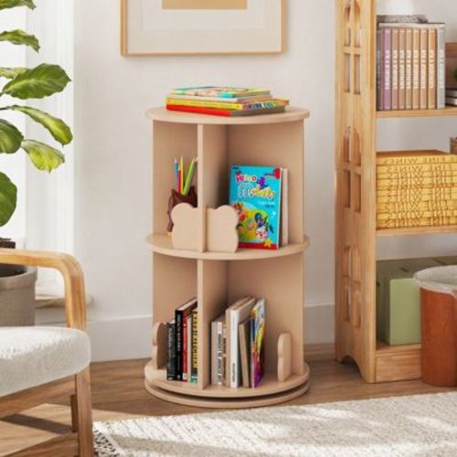 2 Tier Rotating Kids Bookshelf Storage Rack with Bear Baffles, Coffee