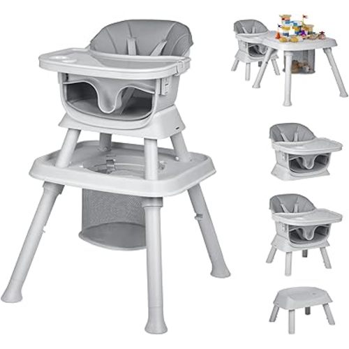 8-in-1 High Chair for Babies and Toddlers, Converts to Dining Booster Seat, Kids Table & Chair Set, Building Block Table, Kids Learning Table, Double Removable Tray, Gray