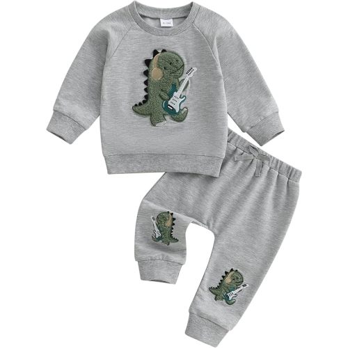 WZTYYDS Toddler Boy Fall Clothes Dinosaur Guitar Embroidery Long Sleeve Pullover Sweatshirt Pants Sets 2Pcs Winter Outfit
