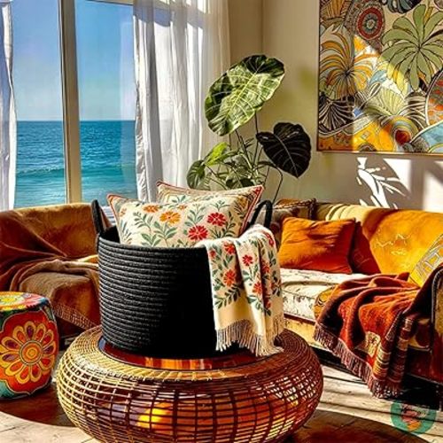Modern Granny Small Cotton Rope Laundry Basket 16x10 Inch Dual Secure Woven Handle for Living Room Closet Clothes Blanket Organization
