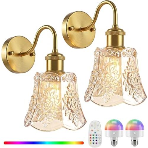 YUNICE Rechargeable Wall Sconces Set of 2 Battery Operated Wall Sconce with Remote Control Dimmable Cordless Wall Lamp with Amber Glass Lampshade Antique Brass Wall Lights for Bedroom Living Room
