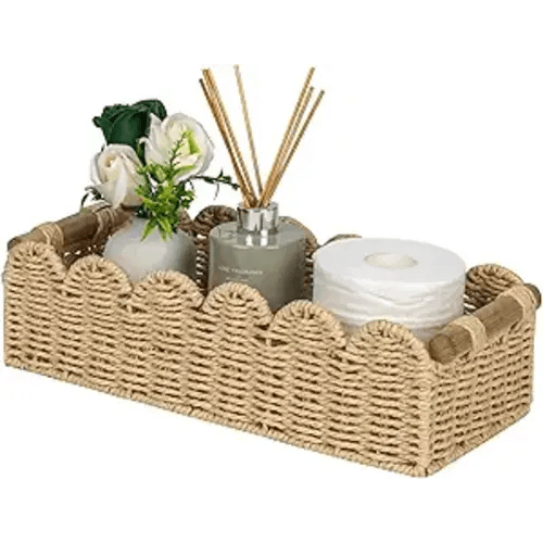 CubesLand Scalloped Edge Toilet Paper Storage Basket, Living Room Home Cozy Decor Basket, Paper Rope Small Baskets for Over Toilet Storage Shelf, End Table, Shelves, with 2 Wooden Handles, Beige