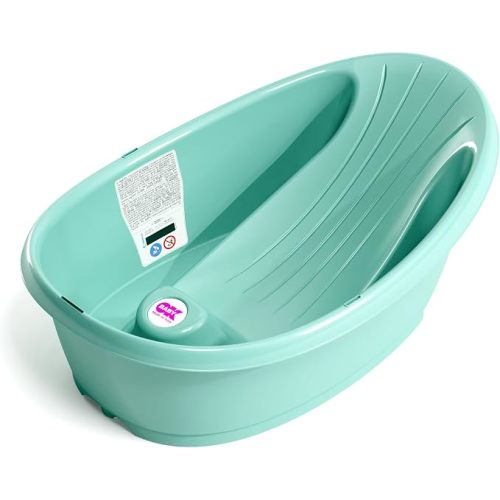OKBABY Splash Baby Bath - Anti-Slip Base with Built-In Microencapsulated Liquid Crystal Digital Thermometer - Angled Back Support for Added Comfort - Fits Inside Bath or Walk-In Shower, Turquoise