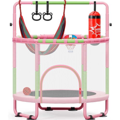 Toremore 55" Trampoline for Kids with Enclosure, 6-in-1 Kid Trampoline Indoor & Outdoor, Toddle Trampoline with Adjustable Gymnastics Bars, Pink