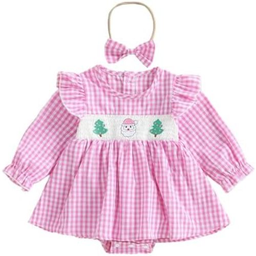 Infant Girl Santa Romper Dress Long Sleeve Smockced Christmas Tree Gingham Bodysuit 2Pcs Newborn Baby Winter Clothes