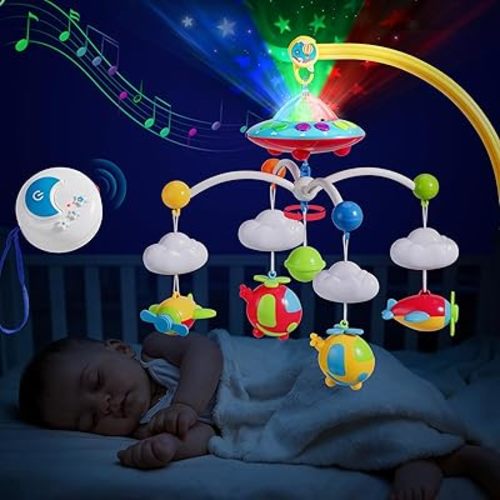 Mini Tudou Airplane Crib Mobile with Music and Light, Baby Toys 0-6 Months