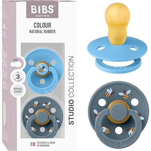 BIBS Colour Studio Soother 2-Pack, BPA Free Dummy Pacifier, Round Nipple. Natural Rubber Latex, Made in Denmark, Size 3 (18+ Months), Breeze/Petrol