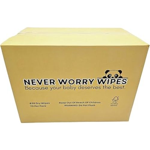 Never Worry Wipes- Dry Baby Wipes- 100% Bamboo- Unbleached-Soft and Absorbent-Strong and Durable-Preservative Free- Unscented- Biodegradable-Hypoallergenic (9 Pack 630 Count)