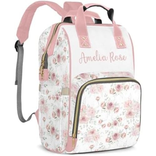 Custom Name Diaper Bag Large Pink Floral Monogram Diaper Bag Nappy Backpack for Baby Girl, Large Storage Adjustable Mom Bags Backpack