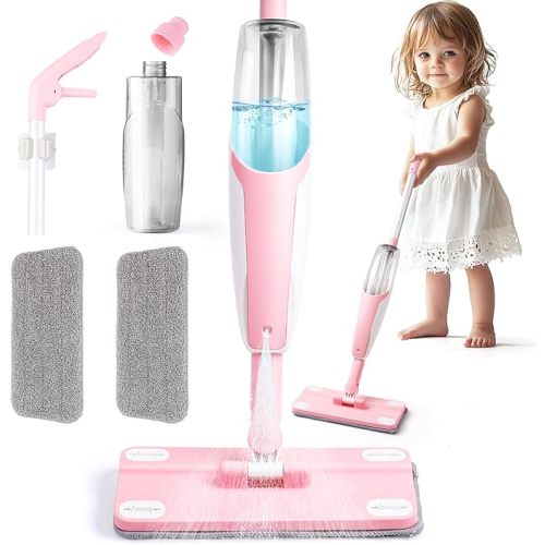 Pink Mini Spray Mop for Toddler-Girls Montessori Cleaning Toy That Real Spray Water,Pretend Playhouse Essentials for Girls Ages 3-8,Toddler Educational Housekeeping Set